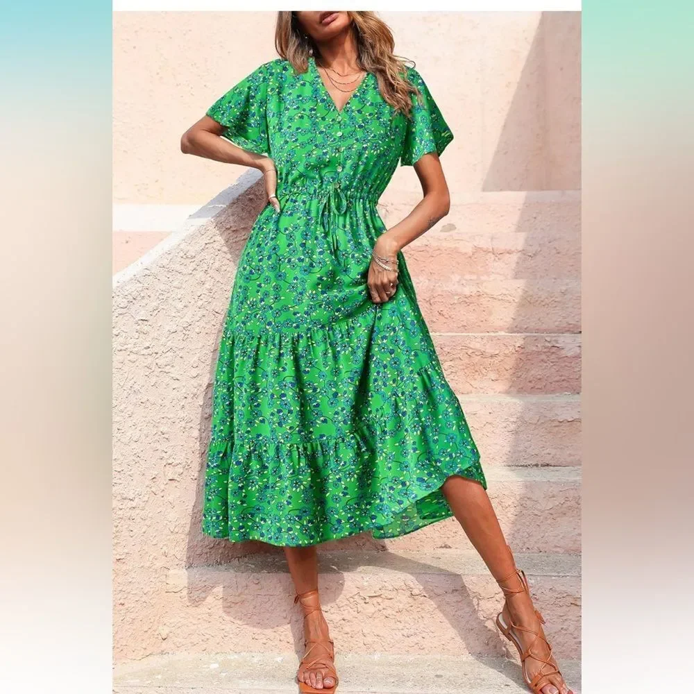 PRETTYGARDEN Floral Boho Short Sleeve V Neck Ruffle Tiered Maxi Dress size M